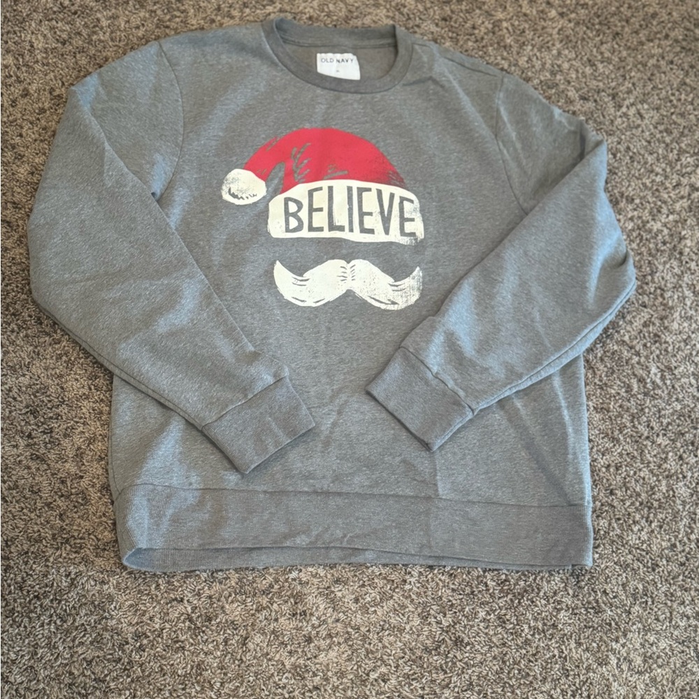 Women’s Old Navy Gray Crewneck Sweatshirt with Red Santa Hat Design